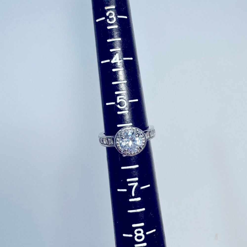 Silver Tone Fashion Ring with Round Center Stone & Channel Set Band - Size 6 - Picture 5 of 7
